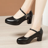 Fligmm Heels, Thick Heels, Walking Shoes, Women's Leather Waterproof Table, Round Head Cheongsam Show Shoes, Black Professional Work Shoes.