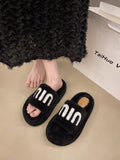 Fligmm Celebrity Muffin Thick Bottom Letter Wool Slippers Women Wear 2024 Winter New Style Lamb Wool Cotton Slippers