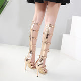 Fligmm Shoes Spot High-Top Women's Shoes Hollowed-Out Ribbon Fine-Heeled Roman High-Heeled Sandals