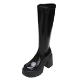 Fligmm Heel Platform Long Boots for Women Black Patent Leather Knee High Boots Woman Winter 2024 Thick High Heels Punk Shoes