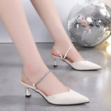 Fligmm 35-42 Women Kitten Heels Mules Golden Rivet Pointed Toe Summer Sandals Fashion Beige Ladies Casual Med Heels Shoes