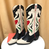 Fligmm Western Boots For Women Heart Shaped Fashion Cowboy Cowgirl Boots Handmake Retro Vintage Shoes 2023 Winter Autumn 0410