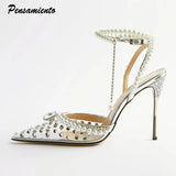 Fligmm Rhinestones Pearls Transparent PVC Women Pumps Fashion Ankle Strap Bridal Thin High heels Summer Wedding Party Shoes