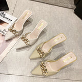 Fligmm New Snake Print Woman Pumps Slipper Fashion Gold Chain Sandal Shoes Ladies Pointed Toe Slip on Mules Thin Low Heels Slides