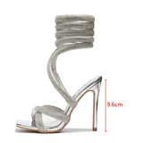 Fligmm Rhinestones Women Sandals Sexy Ankle Strap Cross-tied Thin High Heeled Gladiator Sandals Fashion Summer Party Prom Shoes