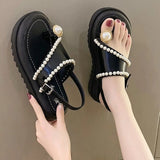 Fligmm for Women 2024 New Summer Women's Sandals Summer String Bead Mid Heel Water Proof Open Toe One Word Buckle Shoes Women