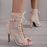 Fligmm Hollowed Mesh Heels Belt Buckle Women's Summer Beige Lace-up Sexy Open Toe Boots Stiletto Jazz Dance Party Ladies Shoes