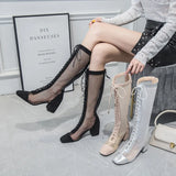 Fligmm Fashion Women Knee-length Boots Square Heel Zipper Sexy Lace Mesh Boots Summer Cool Boots Breathable Women's Shoes Botas