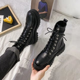 Fligmm White Black PU Leather Ankle Boots Women Autumn Winter Round Toe Lace Up Shoes Woman Fashion Motorcycle Platform Botas