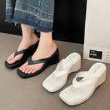 Fligmm Square Toe Wedge Flip Flops Women Korean Style Clip Toe Platform Sandals Woman Summer 2024 Outdoor Non Slip Beach Slippers