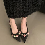 Fligmm New Spring and Autumn Fashion Flower Sweet Pointed Shallow Mouth Bow Needle Buckle Casual Thin High Heel Women's Shoes