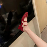 Fligmm New Spring Korea Flats Fashion Mary Jane Shoes Square Toe Women's Shoes Retro Rhinestone Buckle PU Red Black Women Pumps