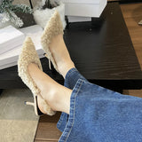 Fligmm Fur Slingback Pumps Sandals Women Fashion Pointed Toe Shallow Slip-on Plush Pumps Ladies Elegant Evening Party Heel Shoes