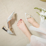 Fligmm new white lace beaded tassel stiletto bridal wedding shoes rhinestone large size single shoes banquet dress women sandals