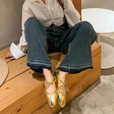 Fligmm Flats Women Pu Leather Shoe Women Narrow Band Loafers Silver Gold Flats Bling Bling Gold Round Toe 2024 Spring Footwear