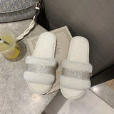 Fligmm Luxury Rhinestone Women Warm Fur Slippers Cozy Fluffy Furry Slides Crystal Flat Indoor Design Home Shoes Ladies 43