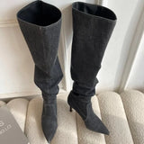 Fligmm Blue High Heels Long Boots for Women 2024 Autumn Pleats Pointed Toe Cowboy Boots Woman Thin Heeled Knee High Boot Shoes