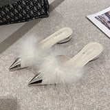 Fligmm Mule Shoes Women's Fluffy 2024 Summer Dress Elegant Slingback Sandals Party Slide Simple and Shallow Cut Style