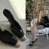 Fligmm Square Toe Thin Heel Sandals Patent Leather Black Wrapped Heels High Heels Metal Toe Temperament Matte Women's Single Shoes