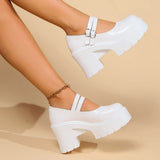 Fligmm High Heels Mary Jane Shoes for Women White Patent Leather Platform Pumps Woman Ankle Strap Chunky Heel Uniform Dress Shoes