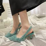 Fligmm Fur Slingback Pumps Sandals Women Fashion Pointed Toe Shallow Slip-on Plush Pumps Ladies Elegant Evening Party Heel Shoes