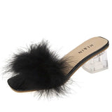 Fligmm Fluffy Peep Toe Sexy High Heels Women Shoes Fur Feather Lady Fashion Wedding Slip-On Pink Square Sandals Tacones Mujer