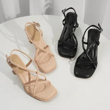 Fligmm Summer New Simple Square Headed Slim Strap Thick Heel Sandals for Women, Straight Toe Open Toe Sandals for Women