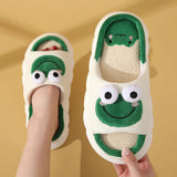 Fligmm Cute Frog Home Slippers for Women Thick Sole Non Slip House Shoes Woman Cotton Linen Couple Indoor Slippers Funny Slides