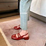 Fligmm Red Mary Jeans Woman Patent Leather Med-High Heels Sandals Two Buckle Belt Strap Shoes Femme Slingback Lolita Footwear