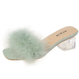 Fligmm Fluffy Peep Toe Sexy High Heels Women Shoes Fur Feather Lady Fashion Wedding Slip-On Pink Square Sandals Tacones Mujer