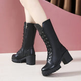 Fligmm and Winter New Women's Mid-calf Boots Black Thick Heel Size 35-41 Motorcycle Boots Women 7cm High Heel Goth Boots Shoes