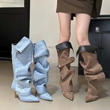 Fligmm style Autumn Winter Rivet Button Pleated Women Knee-high Boots Fashion Pointed toe PU Leather Thin High heels Boots Shoes