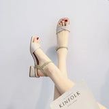 Fligmm Style Square Head Color Contrast Open-toe Sandals Summer Thick Heel Fashion One-word Buckle Roman High Heel Women