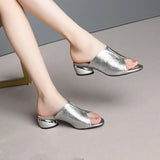 Fligmm Pu Leather Comfortable Slippers Silver Thick Heels Female Low-heeled Sandals Summer Half Slippers Casual Shoes 34-42 Slides