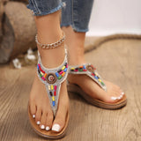 Fligmm Bohemian Sandals Women Summer Flat Heels Non Slip Beach Shoes Woman Elastic Ankle Strap Clip Toe Roman Sandalias Mujer