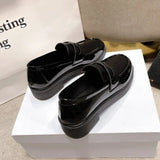 Fligmm New Fashion Patent Leather Loafers for Women Shoes Square Heel Slip on Office Lady Shoes Loafers Chaussure Femme