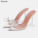 Fligmm size 35-45 Rhinestones Bowknot Transparent PVC Women Slippers Elegant High heels Summer Shoes Sandals Fashion Mules Slides