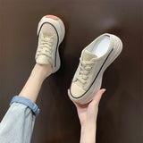 Fligmm Spring Autumn Women's Slippers Fashion Baotou Half Slippers Wear New Style Muffin Lace-Up Casual Canvas Slippers of Women