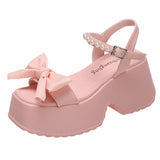 Fligmm Bowtie Chunky Platform Sandals Women Summer Pearl Ankle Strap Wedge Sandalias Mujer Comfort Non-Slip Thick Bottom Sandals