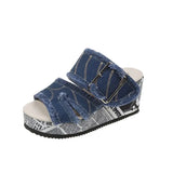 Fligmm Wedges Rhinestone Design Slippers Shoes Women New Summer Flat Women Blue Slope Heel Slippers Ladies Denim Beach Sandal