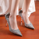 Fligmm Sequins Wedding Shoes for Women Bride 2024 Elegant Pointed Toe Thin Heels Pumps Woman Silver Crystal High Heels for Ladies