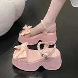 Fligmm Bowtie Chunky Platform Sandals Women Summer Pearl Ankle Strap Wedge Sandalias Mujer Comfort Non-Slip Thick Bottom Sandals