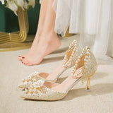 Fligmm new white lace beaded tassel stiletto bridal wedding shoes rhinestone large size single shoes banquet dress women sandals