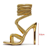 Fligmm Rhinestones Women Sandals Sexy Ankle Strap Cross-tied Thin High Heeled Gladiator Sandals Fashion Summer Party Prom Shoes