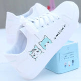 Fligmm Women Sneakers Fashion Breathble Vulcanized Shoes Pu Cute Cat Cartoon Lace Up Casual White Women Shoes Zapatos De Mujer Female