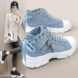 Fligmm New Women Plus Sizes Sneakers High Top Female Denim Canvas Shoes Thick Sole Girls Students Ankle Canvas Boots Lace Up