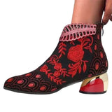 Fligmm Woman Ankle Boots Vintage Floral Embroidery Women's Shoes Leather Boots Bohemia Zipper Spring Autumn Ladies Botas De Mujer