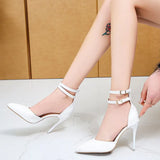 Fligmm Hollow High Heels Women Sandals Ankle Buckle Strap Pointy Toe Baotou Stiletto Pumps Cover Heels Party Shoe Size 45 Tacones