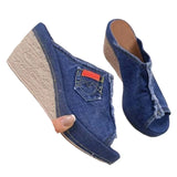 Fligmm for Women 2024 High Quality Summer Women's Slippers Denim Solid Color High Heels Water Proof Open Toe Beach Slippers