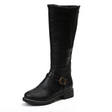 Fligmm New PU Leather Knee Boots for Women Shoes Buckle Metal Decoration Fashion Outdoor Ladies Footwear Solid Low Heel Long Botas